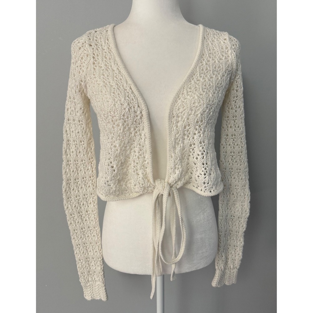 Aeropostale‎ Women's Cream Open Knit Tie Front Cropped Cardigan Sweater Boho XS